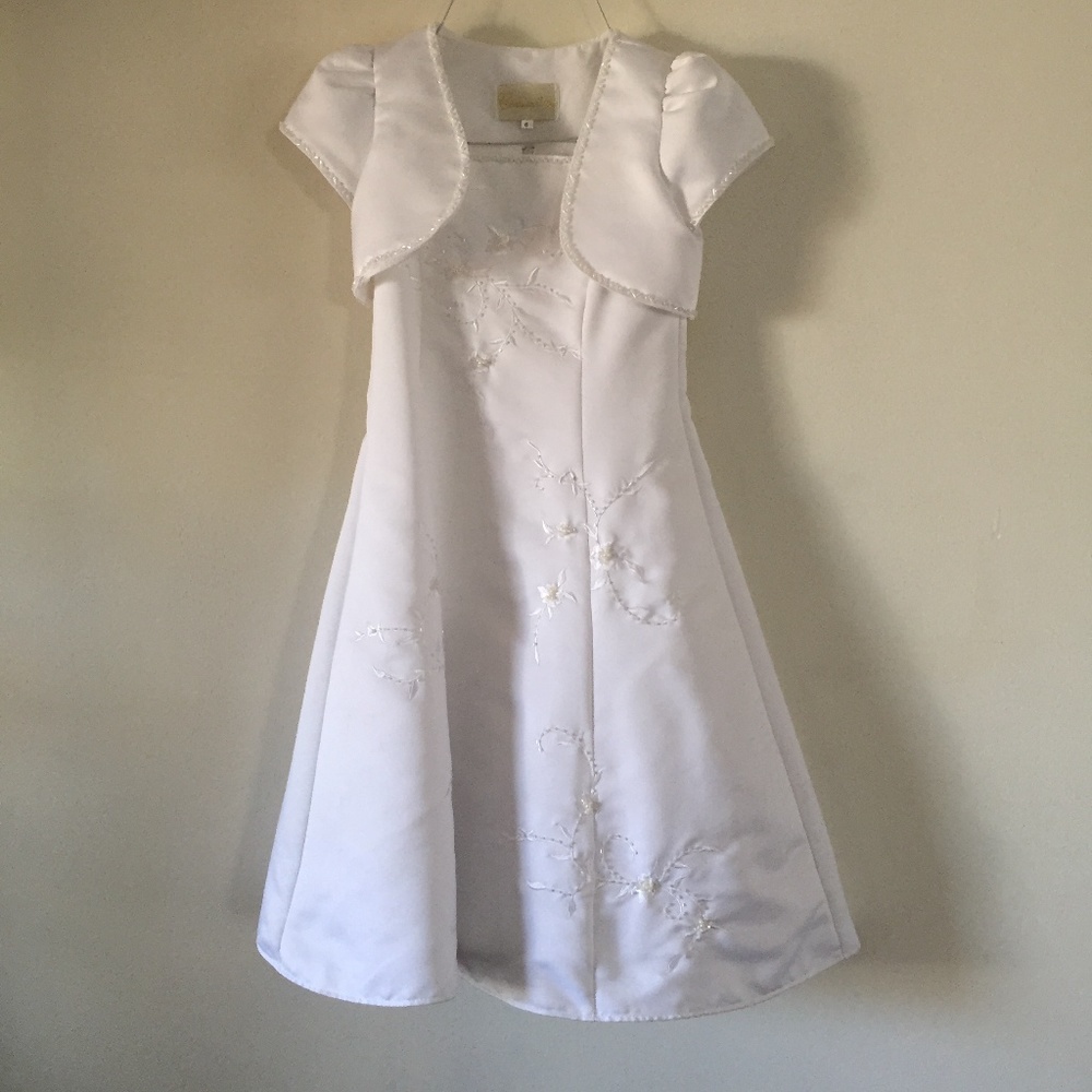 NWOT Girls White Satin A-Line Dress with Bolero